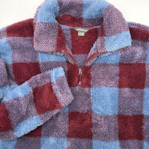 Eddie‎ Bauer Faux Fur 1/4 Zip Pullover Sweater Jacket Multicolor Plaid Medium